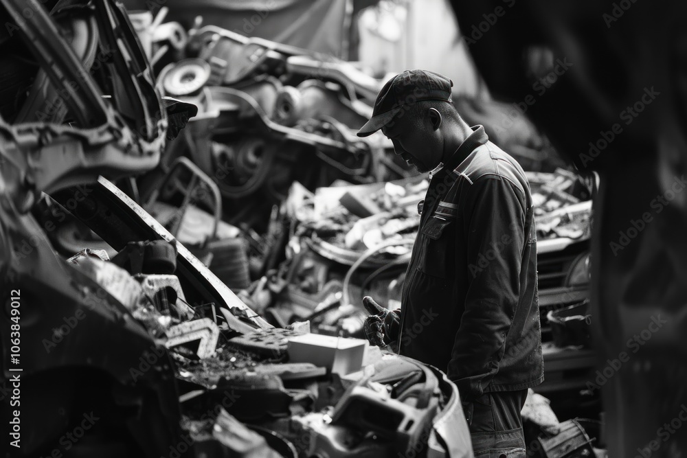 A man in a junkyard looking at the pile of scrap cars. A man in a junkyard looking at the pile of scrap cars.