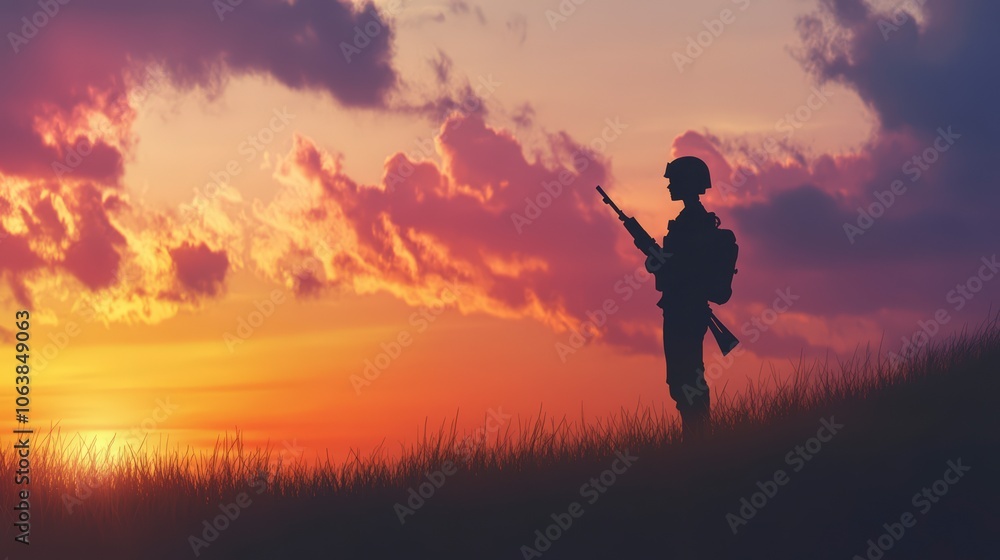 soldier silhouette with rifle at sunset sky background soldier silhouette with rifle at sunset sky background