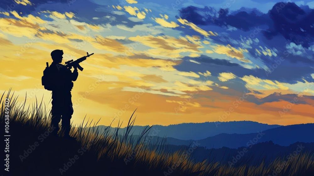 Ukrainian Soldier Silhouette with Dramatic Sky Ukrainian Soldier Silhouette with Dramatic Sky