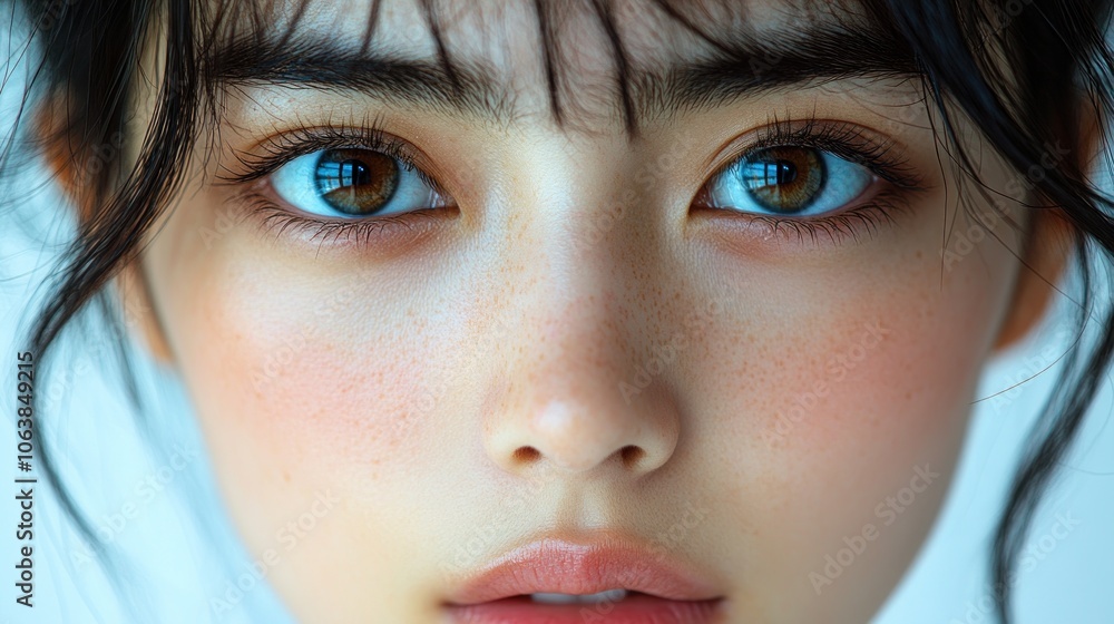 Fototapeta premium A young woman gazes intensely with mesmerizing blue and brown eyes under soft light