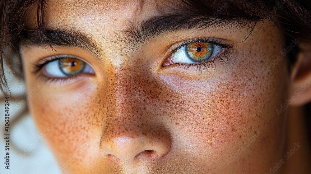 A young person gazes intensely with mesmerizing hazel eyes, accentuated by freckles A young person gazes intensely with mesmerizing hazel eyes, accentuated by freckles