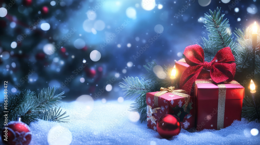 Obraz premium Beautifully Wrapped Christmas Gift Box.Festive Christmas Gift Boxes Background with Holiday Sparkle.