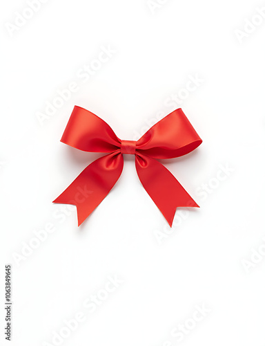 A small red ribbon bow sits alone on a clean white background awaiting its intended use or decoration purpose