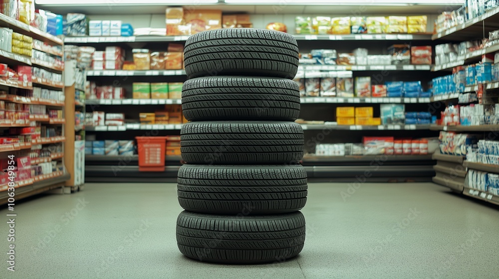 stack of car tires in an auto parts store stack of car tires in an auto parts store
