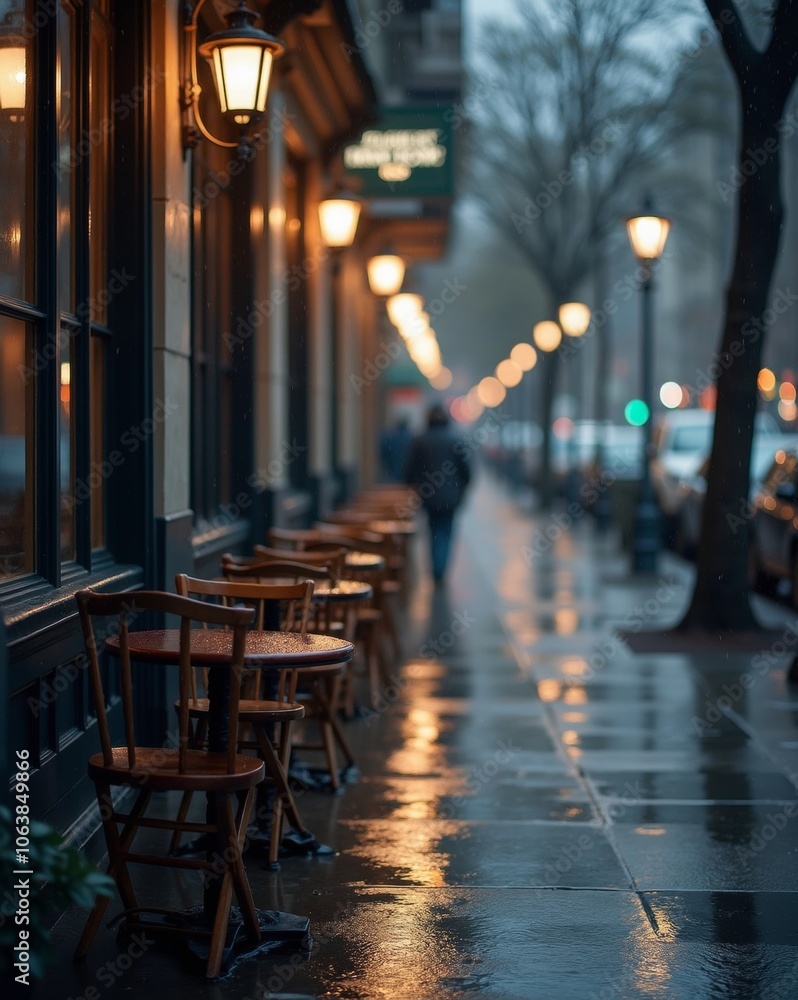 A dimly lit street lined with café tables and glowing lampposts, reflecting softly on the wet pavement under a dusky evening sky. A dimly lit street lined with café tables and glowing lampposts, reflecting softly on the wet pavement under a dusky evening sky.