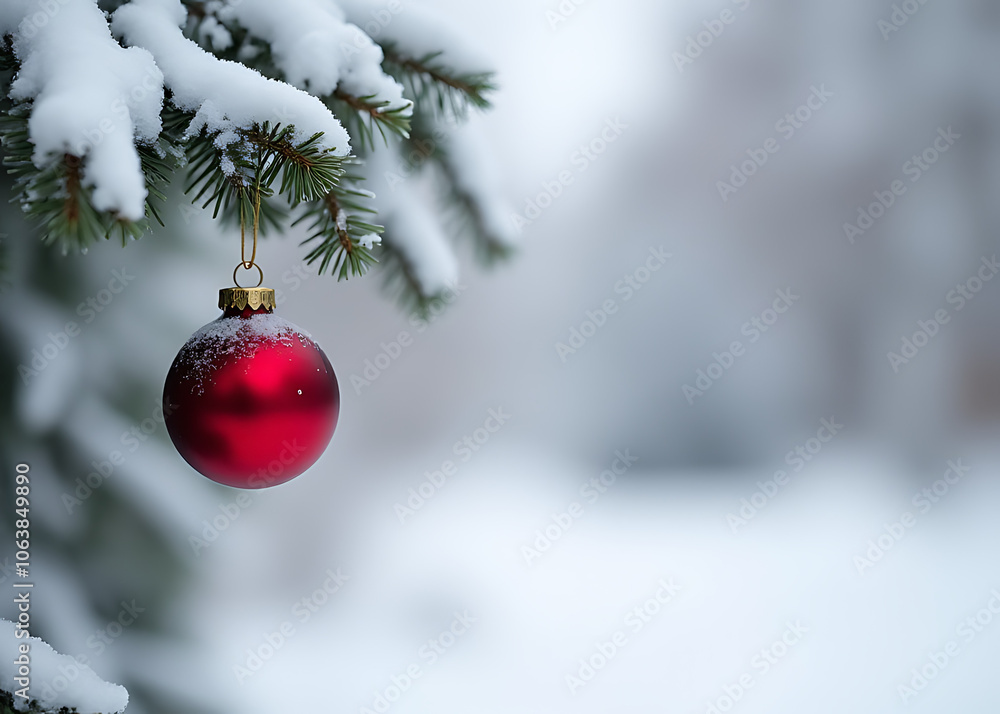 A small red Christmas ornament hangs from a snowy tree branch against a backdrop of white winter scenery A small red Christmas ornament hangs from a snowy tree branch against a backdrop of white winter scenery