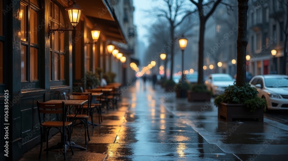 A dimly lit street lined with café tables and glowing lampposts, reflecting softly on the wet pavement under a dusky evening sky. A dimly lit street lined with café tables and glowing lampposts, reflecting softly on the wet pavement under a dusky evening sky.