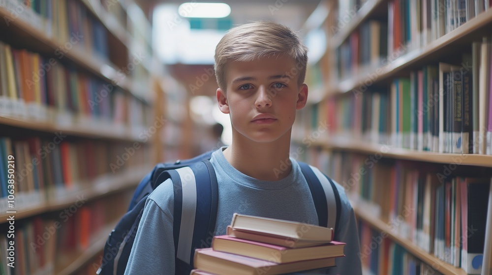 Teenage boy with backpack and stack of books in library between stacks of books literature Teenage boy with backpack and stack of books in library between stacks of books literature