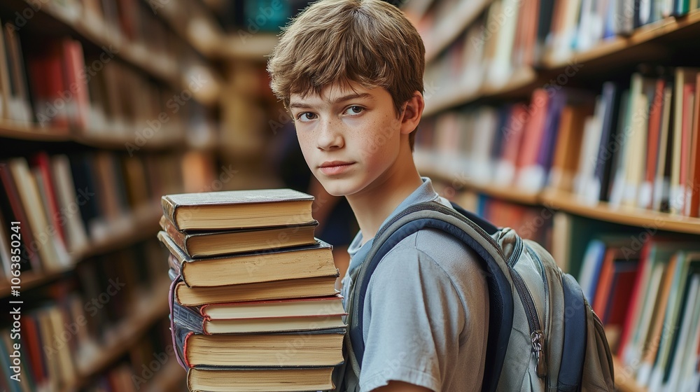 Teenage boy with backpack and stack of books in library between stacks of books literature Teenage boy with backpack and stack of books in library between stacks of books literature