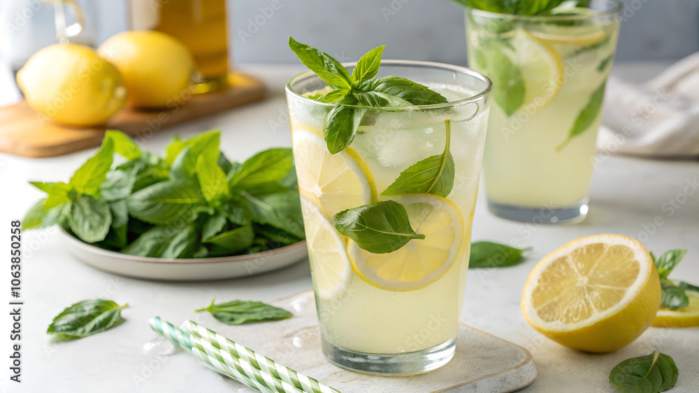 Fototapeta premium Refreshing basil lemonade served with fresh basil leaves and lemon slices in a bright kitchen setting. Generative AI