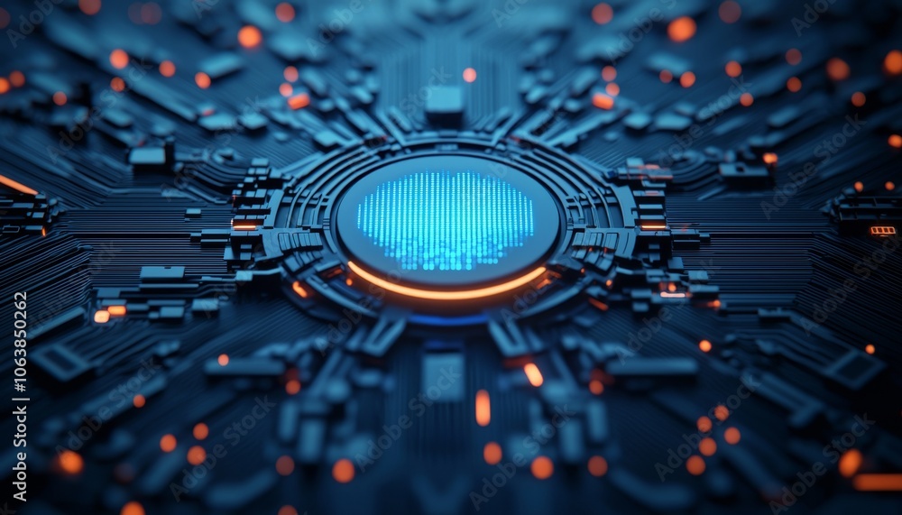 Close-up of a futuristic circuit board with a glowing blue central element and intricate details in dark and orange tones. Close-up of a futuristic circuit board with a glowing blue central element and intricate details in dark and orange tones.