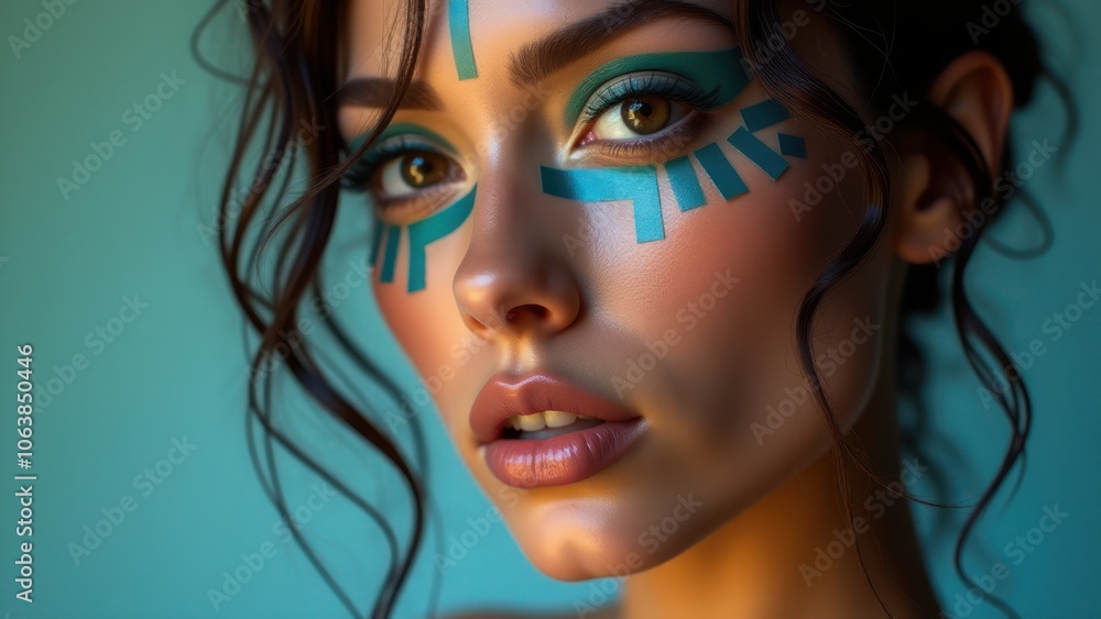 Close-up portrait with bold tape art around the eyes, highlighting a striking fashion look and artistic expression. Close-up portrait with bold tape art around the eyes, highlighting a striking fashion look and artistic expression.