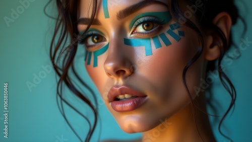 Close-up portrait with bold tape art around the eyes, highlighting a striking fashion look and artistic expression.