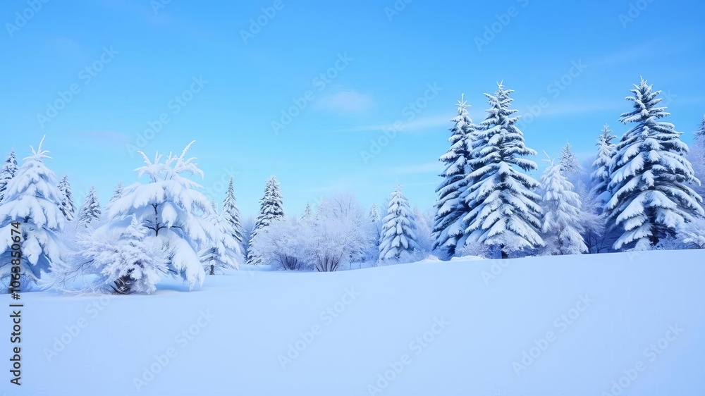 Fototapeta premium A serene winter landscape with snow-covered pine trees and a clear blue sky, nature, peaceful