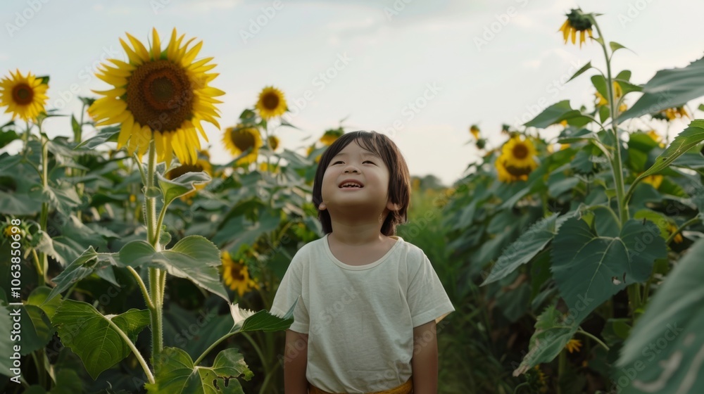 A young boy gazes in wonder amidst tall sunflowers, his eyes bright with amazement under the setting sun.