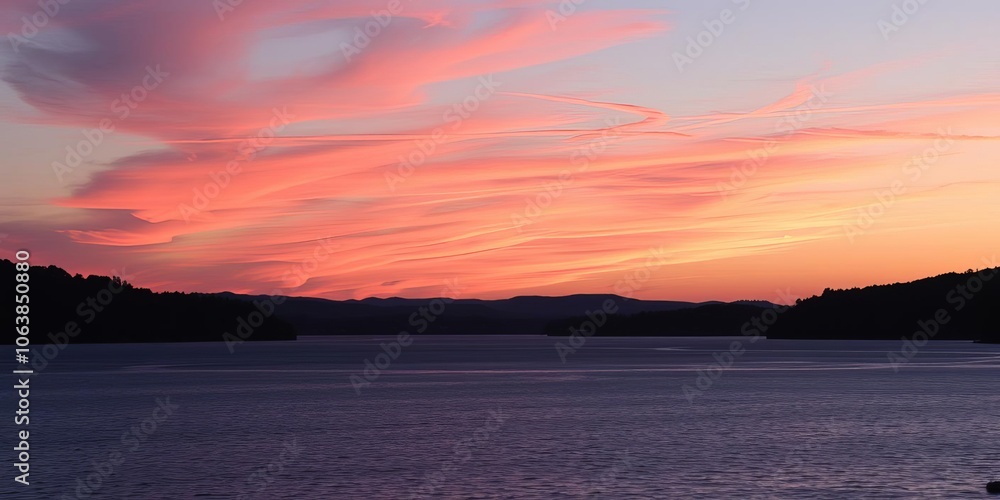 A serene twilight scene overlooking a calm lake with vibrant orange and pink hues reflecting off the water, pink, twilight A serene twilight scene overlooking a calm lake with vibrant orange and pink hues reflecting off the water, pink, twilight