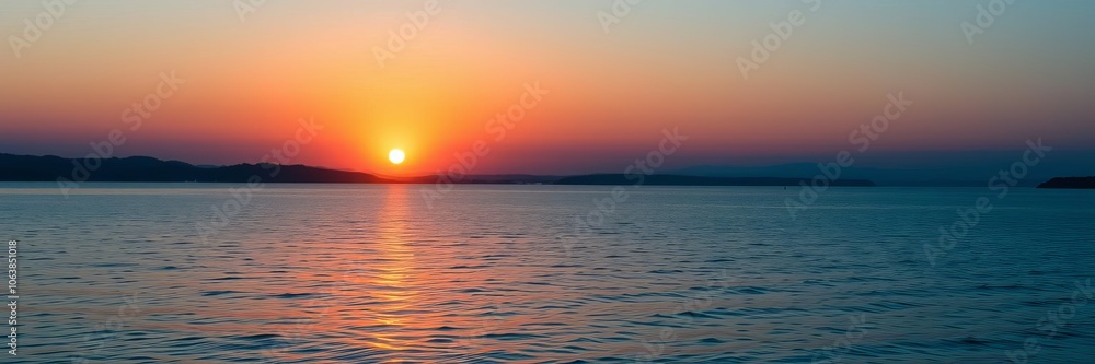 Naklejka premium A serene sunset over a tranquil lake, casting a warm orange glow on the water, scenery, sunset
