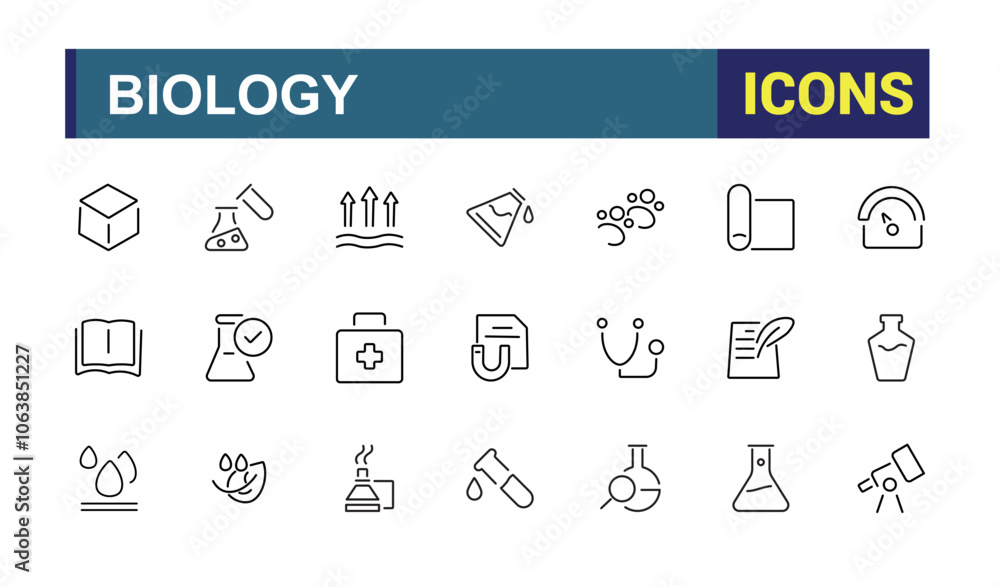 Biology icons in linear style. Includes thin line genomics, genome, microscope, line, research, technology and more. Perfect for logos and infographics. Editable stroke. Vector illustration. Biology icons in linear style. Includes thin line genomics, genome, microscope, line, research, technology and more. Perfect for logos and infographics. Editable stroke. Vector illustration.