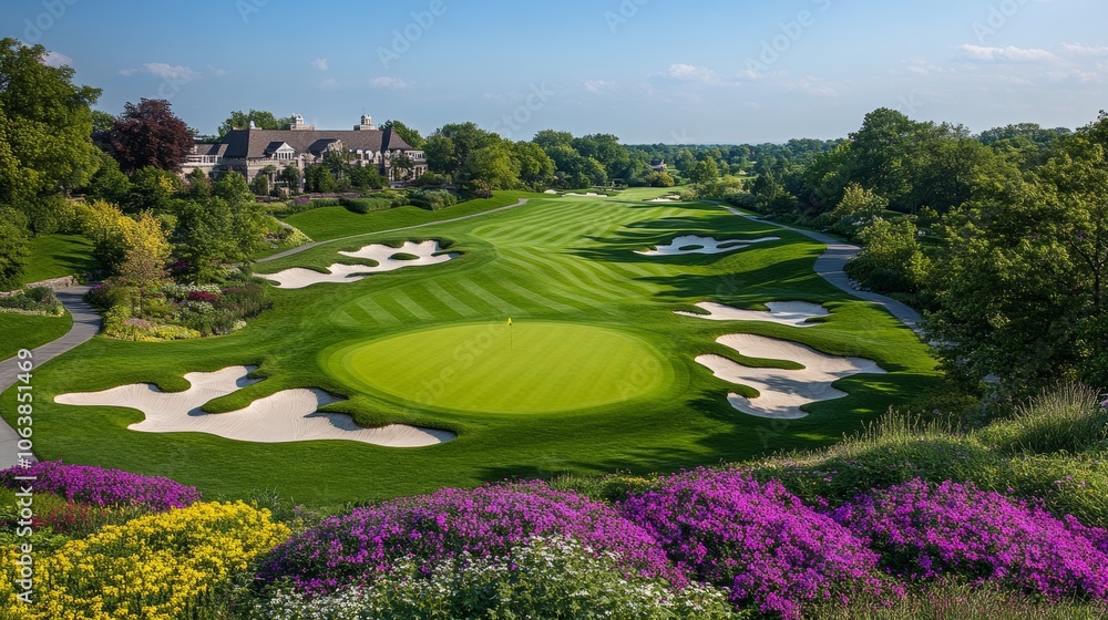 Obraz premium Golf Course Green with Sand Bunkers Clubhouse and Blooming Flowers