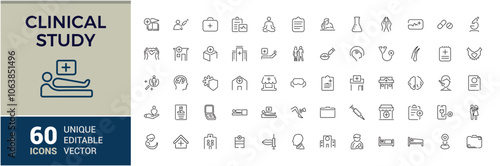 Set of Clinical Study line icons. Containing laboratory, lab, biotech, biochemistry, treatment, medicine, clinical and more. Outline symbol collection. Vector illustration in modern line style.
