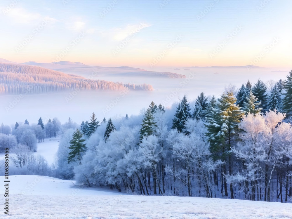 A serene snowy landscape with a frozen lake surrounded by snow-covered trees and a clear blue sky, snowy, white A serene snowy landscape with a frozen lake surrounded by snow-covered trees and a clear blue sky, snowy, white