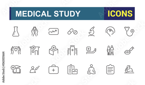 Set of Clinical Study line icons. Containing laboratory, lab, biotech, biochemistry, treatment, medicine, clinical and more. Outline symbol collection. Vector illustration in modern line style.