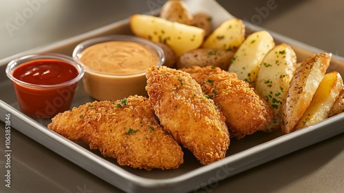 Crispy Fried Chicken Tenders with Potato Wedges and Dipping Sauces