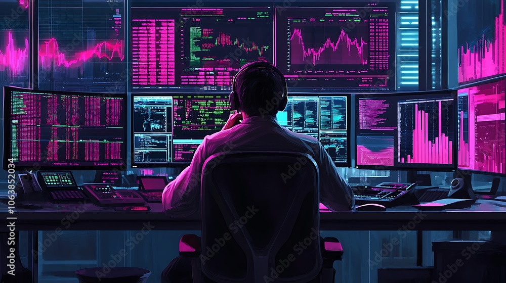 A person sits in front of a desk with multiple monitors displaying graphs and data in a dark room with blue and pink lighting. A person sits in front of a desk with multiple monitors displaying graphs and data in a dark room with blue and pink lighting.