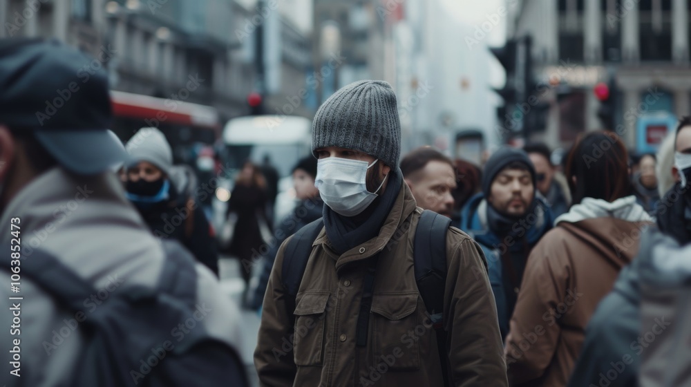 A city street filled with masked individuals moving purposefully, capturing the essence of urban life during a challenging time. A city street filled with masked individuals moving purposefully, capturing the essence of urban life during a challenging time.