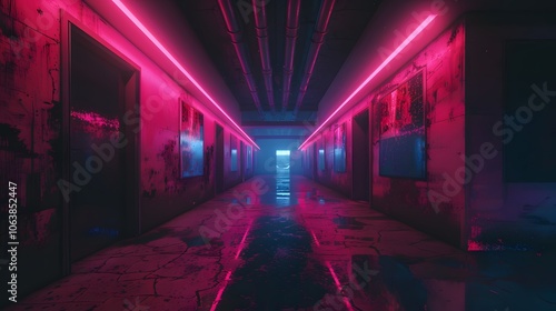 Neon Lit Futuristic Hallway with Glowing Architectural Lines and Symmetrical Design