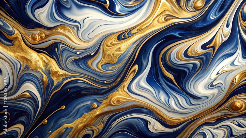 This fluid design features dynamic waves of blue, gold, and white, creating a luxurious and elegant abstract background This fluid design features dynamic waves of blue, gold, and white, creating a luxurious and elegant abstract background