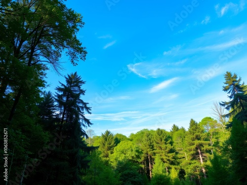 A serene nature background featuring a lush forest with vibrant green foliage, tall trees, and a clear blue sky above, sky, nature