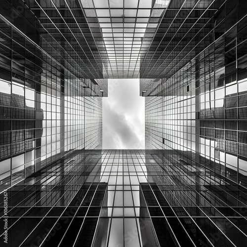 Urban Geometry, looking up to glass building. Modern architecture black and white, glass and steel. X marks the spot. Abstract architectural design. Inspirational, artistic image