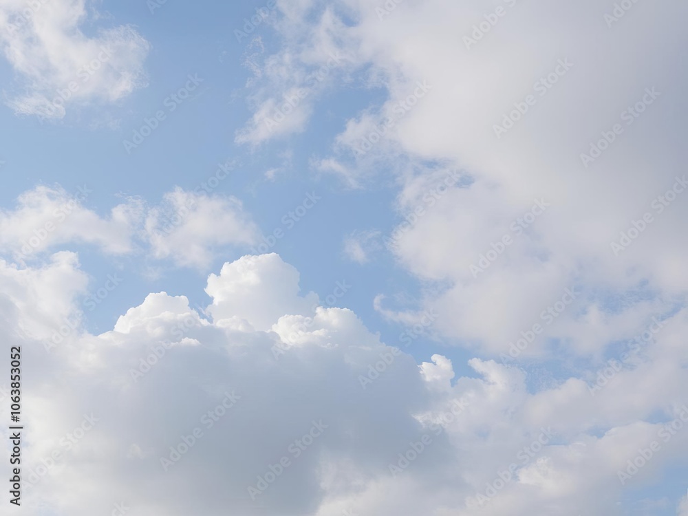 A serene landscape with fluffy white clouds covering a clear blue sky, outdoors, soft A serene landscape with fluffy white clouds covering a clear blue sky, outdoors, soft