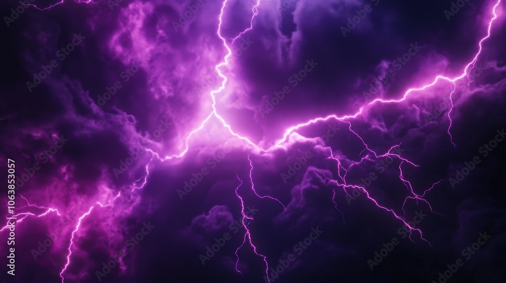 A dramatic shot of purple lightning bolts streaking across a dark stormy sky, symbolizing power, energy, nature, weather, and electricity. A dramatic shot of purple lightning bolts streaking across a dark stormy sky, symbolizing power, energy, nature, weather, and electricity.
