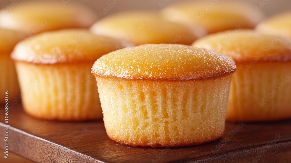 Closeup Freshly Baked Golden Cupcakes on Wooden Board Closeup Freshly Baked Golden Cupcakes on Wooden Board