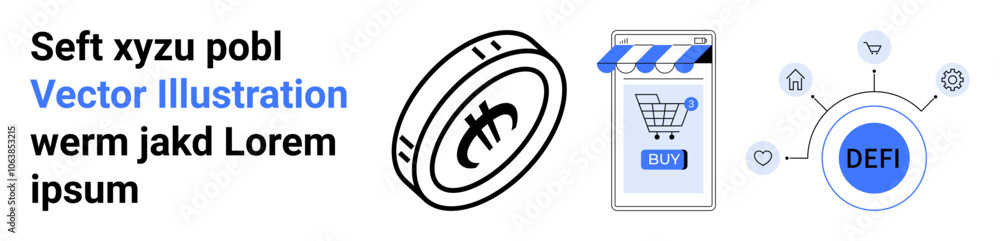 Cryptocurrency coin, online shopping cart on mobile device, and decentralized finance DEFI network. Ideal for fintech, e-commerce, blockchain technology, digital currency, investment, online Cryptocurrency coin, online shopping cart on mobile device, and decentralized finance DEFI network. Ideal for fintech, e-commerce, blockchain technology, digital currency, investment, online