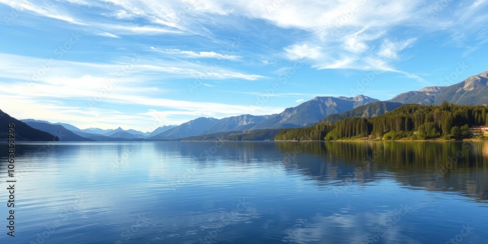 A serene landscape showing a calm lake reflecting the surrounding trees and mountains, nature, blue A serene landscape showing a calm lake reflecting the surrounding trees and mountains, nature, blue