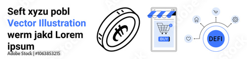 Cryptocurrency coin, online shopping cart on mobile device, and decentralized finance DEFI network. Ideal for fintech, e-commerce, blockchain technology, digital currency, investment, online