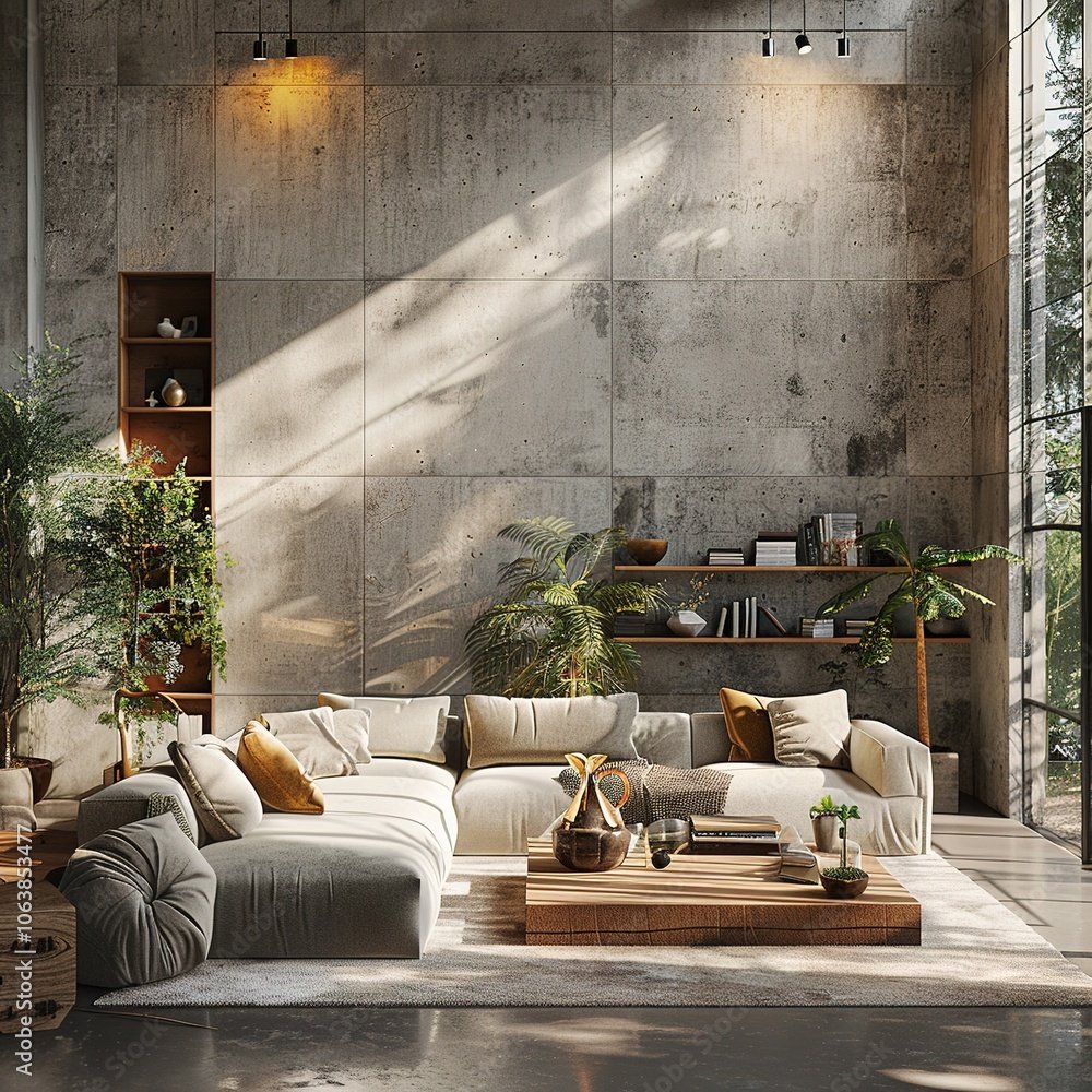 Modern interior design of a living room in an apartment, house, office, bright modern interior details and sun rays from the window against the background of concrete walls Modern interior design of a living room in an apartment, house, office, bright modern interior details and sun rays from the window against the background of concrete walls