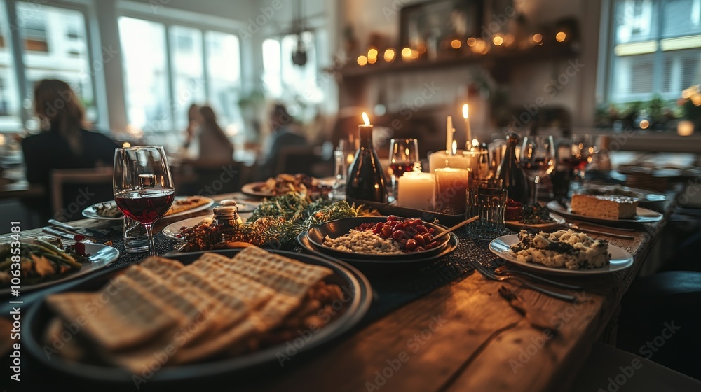 Fototapeta premium Festive Dinner Table Setting with Candlelight and Delicious Food