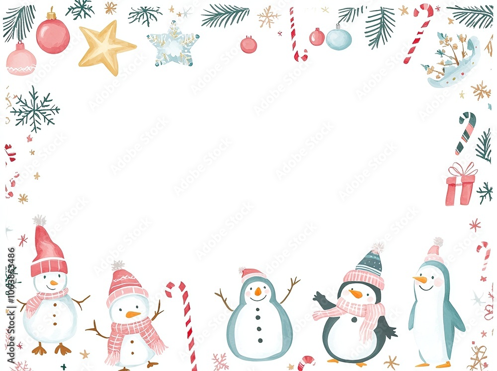Christmas frame with penguins, snowmen, and festive icons. Christmas frame with penguins, snowmen, and festive icons.