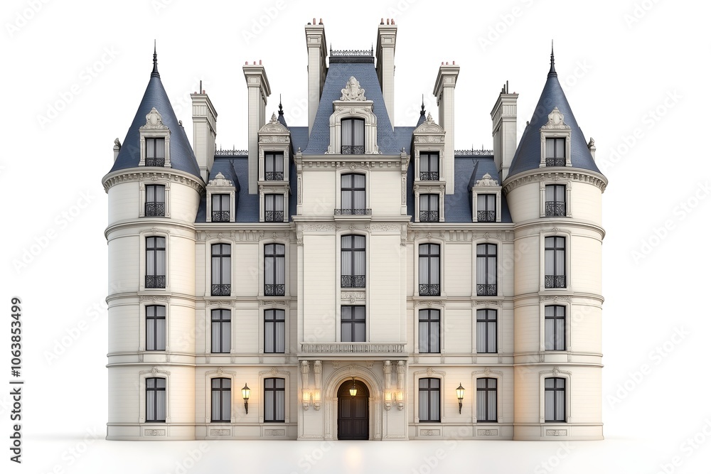 Fototapeta premium A large french chateau, candle snuffer slate turret towers, stone walls isolated on a white background.
