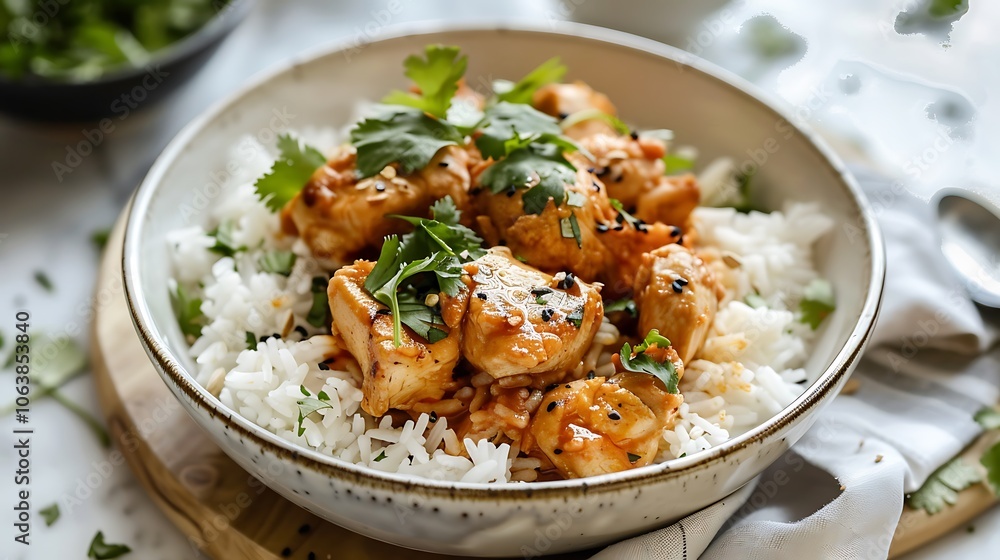 A simple yet appetizing bowl of rice topped with tender chicken, garnished with herbs, and presented in a clean, minimalistic setting, perfect for food display. A simple yet appetizing bowl of rice topped with tender chicken, garnished with herbs, and presented in a clean, minimalistic setting, perfect for food display.