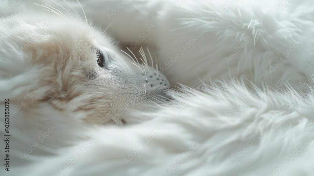 A fluffy white seal pup nestles into its soft fur, eyes closed in gentle slumber, capturing innocence and warmth. A fluffy white seal pup nestles into its soft fur, eyes closed in gentle slumber, capturing innocence and warmth.