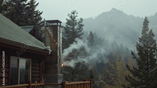 Smoke effortlessly drifts from a cabin chimney, merging with misty mountain air, surrounded by lush evergreens, casting an enchanted ambiance.