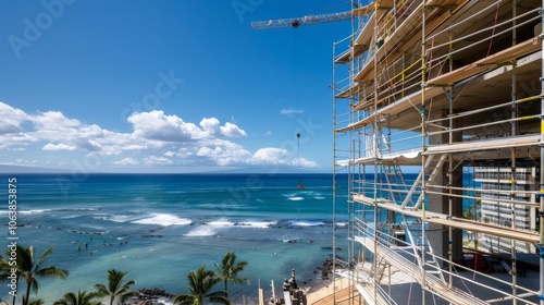 A beachfront construction site with scaffolding frames the ocean's vast blue expanse under a clear sky, juxtaposing nature with human progress. photo