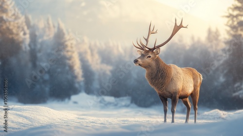 noble deer male in winter snow forest in mountains