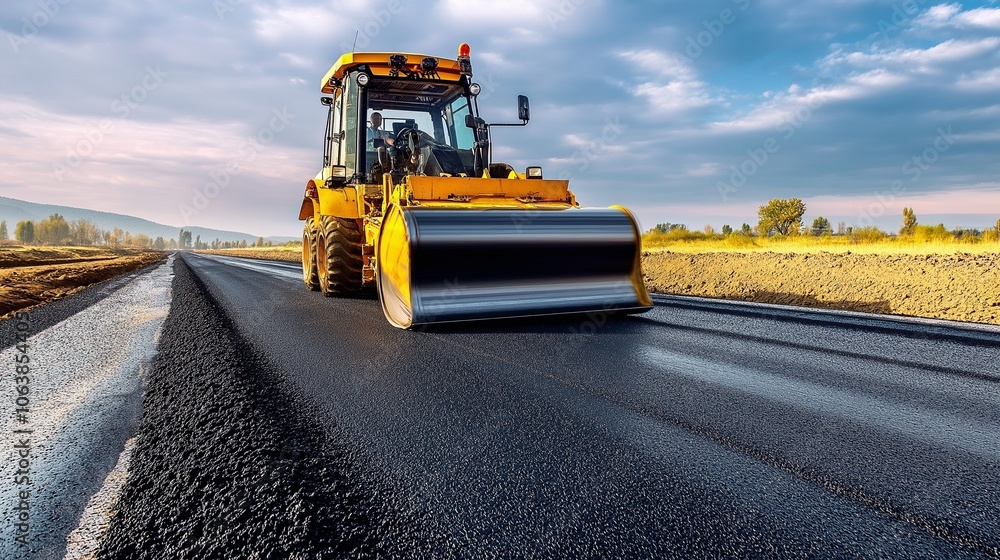 Asphalt paver machine during road work Asphalt paver machine during road work