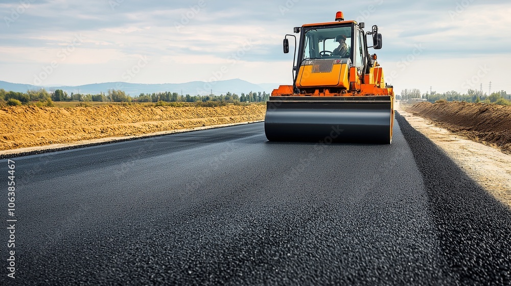 Asphalt paver machine during road work Asphalt paver machine during road work